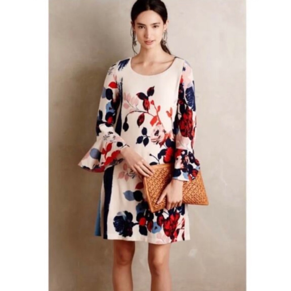 Maeve Anthousai Floral Knit Bell Sleeve Sweater Mini Dress